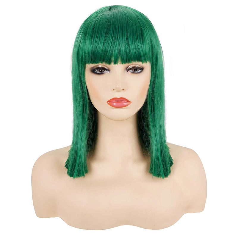 morvally Short Straight Bob Wig Heat Resistant Hair with Blunt Bangs Natural Looking Cosplay Costume Daily Wigs for Women (14", Green) - Image 1